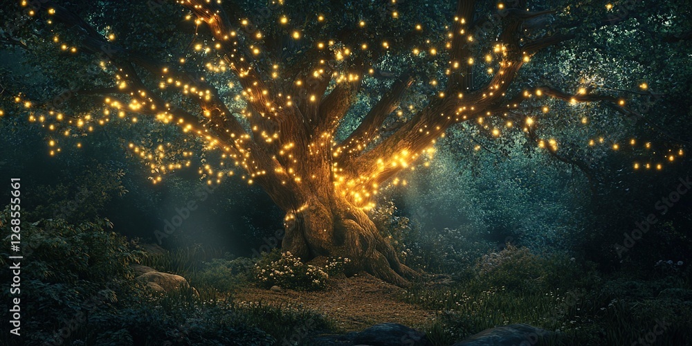 Fototapeta premium An ancient tree with glowing roots and hanging lights in the forest, symbolizing wisdom and healing for the plants.