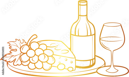 golden color Camembert Cheese, and Grape Bunch Line Art Book Vector Design wine bottle and grapes