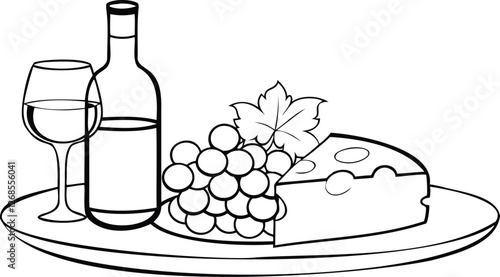bottle and glass Wine Bottle, Glass, Camembert Cheese, and Grape Bunch Line Art Book Vector Design wine bottle and grapes