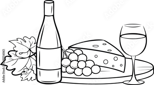 Wine Bottle, Glass, Camembert Cheese, and Grape Bunch Line Art Book Vector Design