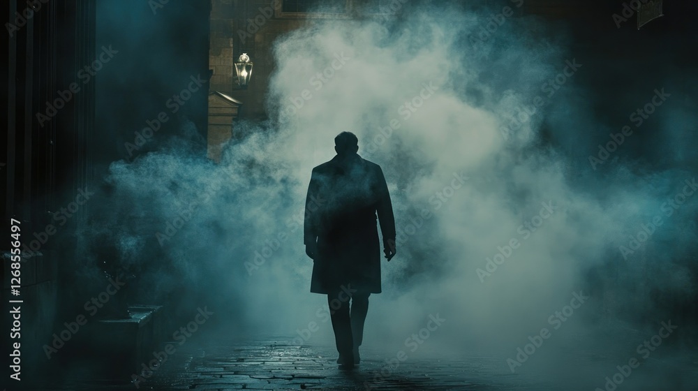 A man in a long coat walks away into a smoky, mysterious alley at night. A man in a long coat walks away into a smoky, mysterious alley at night.