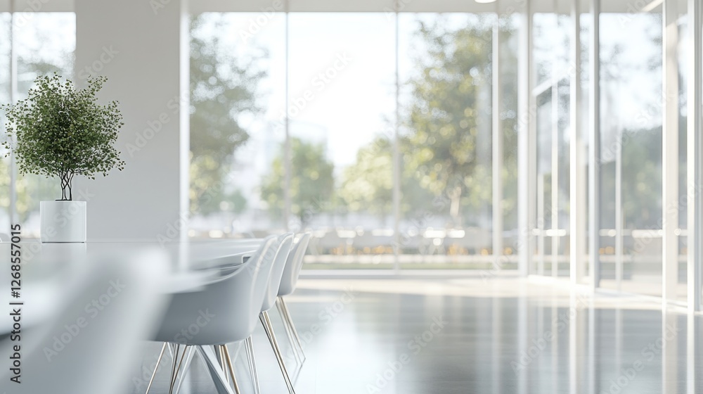 Fototapeta premium Blurred empty open space office. Abstract light bokeh at office interior background