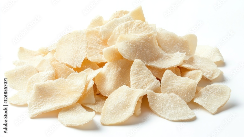 A pile of dehydrated, pale-yellow, thinly sliced garlic chips isolated on a white background. A pile of dehydrated, pale-yellow, thinly sliced garlic chips isolated on a white background.