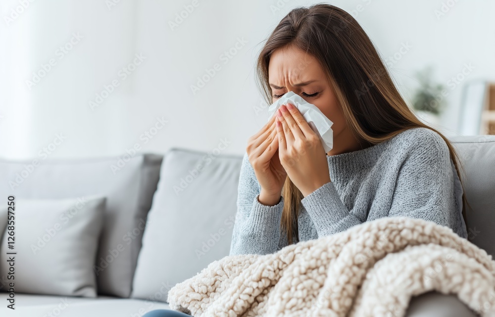 A sick woman with long brown hair, wrapped in a cozy blanket, sneezing into a tissue A sick woman with long brown hair, wrapped in a cozy blanket, sneezing into a tissue