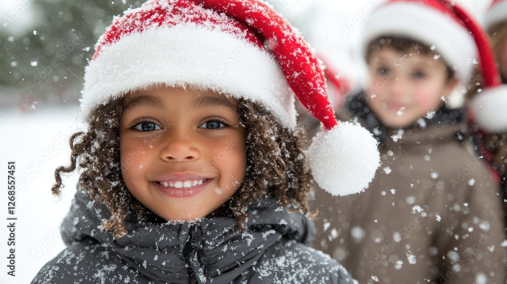 Smiling Child in Santa Hat Enjoying Snowy Winter Wonderland Scene Smiling Child in Santa Hat Enjoying Snowy Winter Wonderland Scene