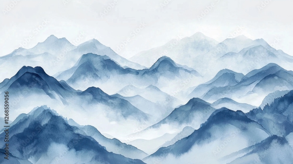 Serene blue mountains fade into the distance, surrounded by soft mist and fog, capturing the calmness of an early morning. The landscape evokes tranquility and nature's beauty Serene blue mountains fade into the distance, surrounded by soft mist and fog, capturing the calmness of an early morning. The landscape evokes tranquility and nature's beauty