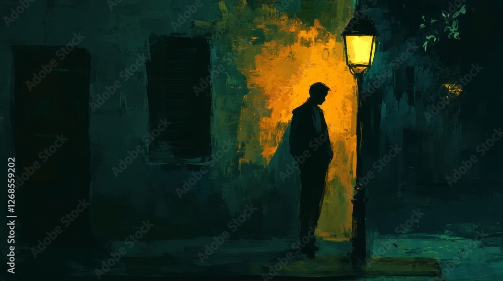 Obraz premium Shadowy figure of a man featureless and mysterious leaning against a lamppost in a quiet alley