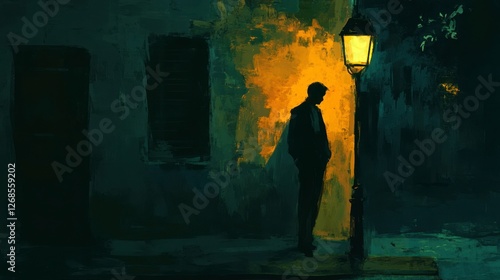 Shadowy figure of a man featureless and mysterious leaning against a lamppost in a quiet alley