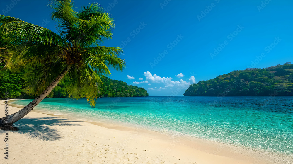 Fototapeta premium Tropical Beach Paradise: White Sand, Palm Tree, and Turquoise Water