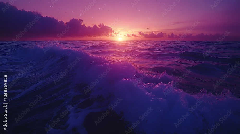 Fototapeta premium Stunning sunset over the ocean with waves reflecting vibrant purple hues.