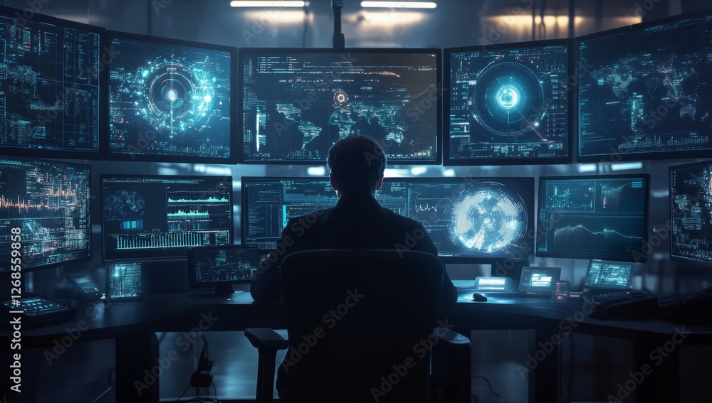 Hacker monitoring global network, dark room, cybersecurity Hacker monitoring global network, dark room, cybersecurity