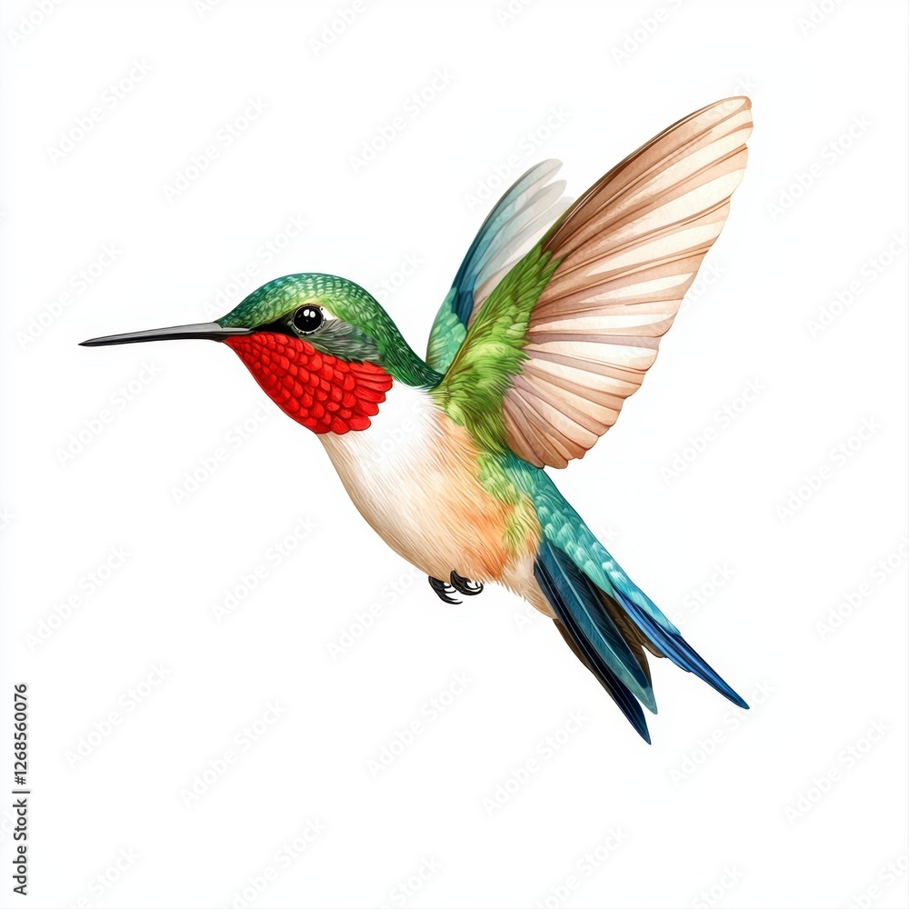Fototapeta premium Colorful hummingbird with intricate feather patterns perched on a branch in natural habitat