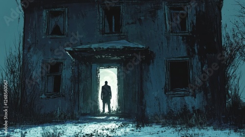 Shadowy figure of a man featureless and mysterious standing at the doorway of an abandoned house
