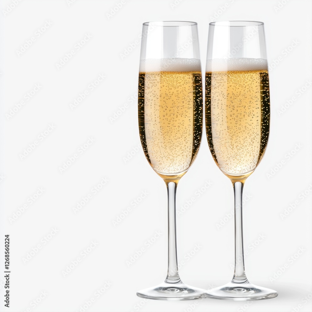 Two elegant champagne glasses filled with bubbles isolated on a white background for celebration or special occasion