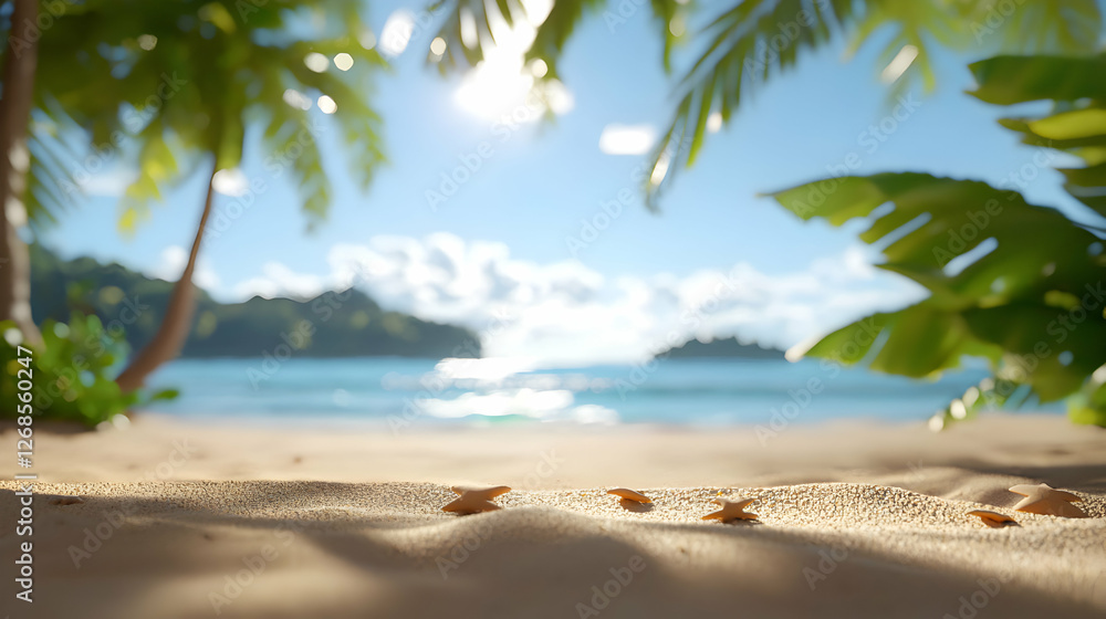 Fototapeta premium Tropical Beach Scene: Golden Sand, Palm Trees and Blue Ocean