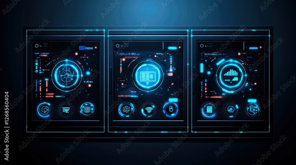 Fototapeta premium Futuristic Digital Interface Triple Screen Data Visualization Dashboard