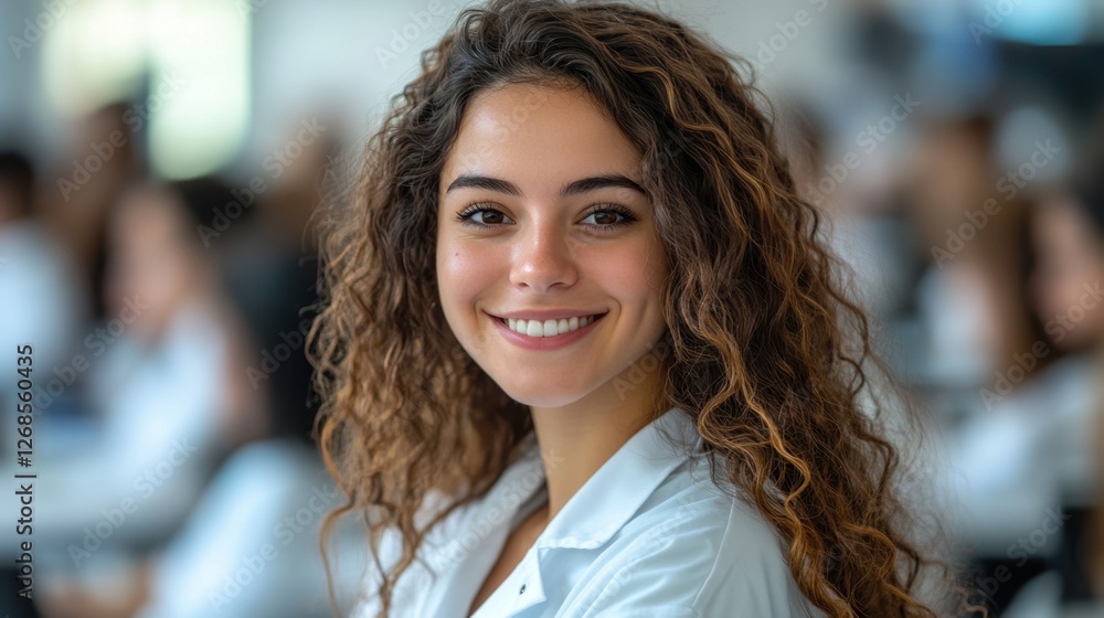 A young woman with curly hair, wearing a white lab coat, smiles confidently at the camera. Her warm gaze suggests a passion for her profession and a dedication to her field A young woman with curly hair, wearing a white lab coat, smiles confidently at the camera. Her warm gaze suggests a passion for her profession and a dedication to her field
