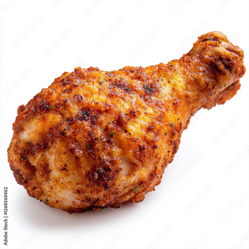 Fried chicken leg on white background showcasing golden brown crispy texture and appetizing appearance Fried chicken leg on white background showcasing golden brown crispy texture and appetizing appearance