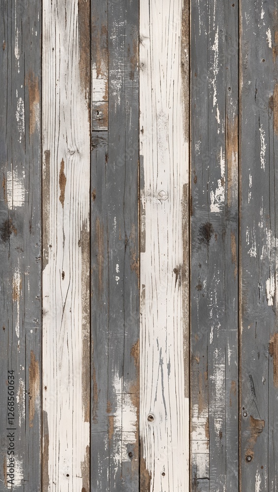rustic, weathered wood panel design. The layout consists of vertical planks with a distressed appearance, showcasing a mix of gray and white tones. The surface has a textured look, with visible grain 