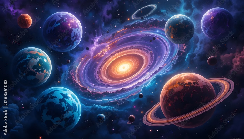 Planets and Galaxy Illustration with Rings and Nebula Clouds in Space Planets and Galaxy Illustration with Rings and Nebula Clouds in Space