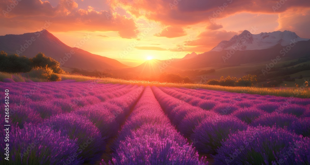 Sunset Lavender Field, Mountain Landscape (1) Sunset Lavender Field, Mountain Landscape (1)