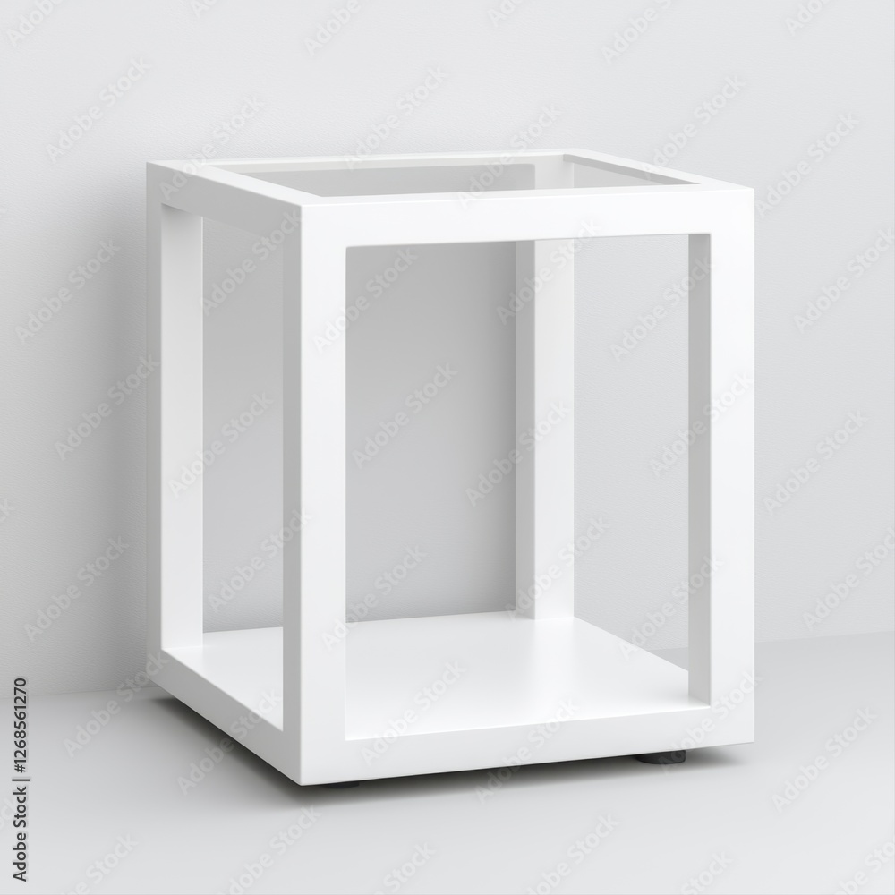 White cube shaped table with shelf and minimalist glass showcase cube isolated on a plain background White cube shaped table with shelf and minimalist glass showcase cube isolated on a plain background
