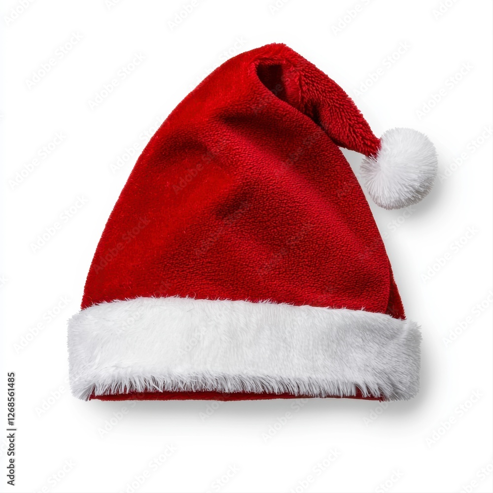 Close up of a red santa hat with white fur trim and soft fabric texture showing detailed stitching pattern Close up of a red santa hat with white fur trim and soft fabric texture showing detailed stitching pattern
