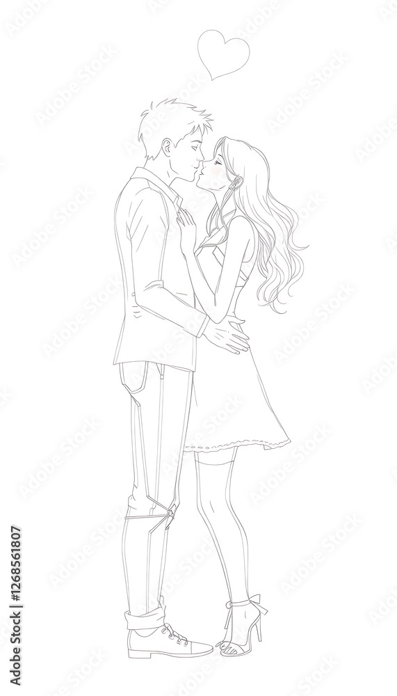Couple Kissing Illustration with Heart Symbol Romantic Line Art Style Couple Kissing Illustration with Heart Symbol Romantic Line Art Style