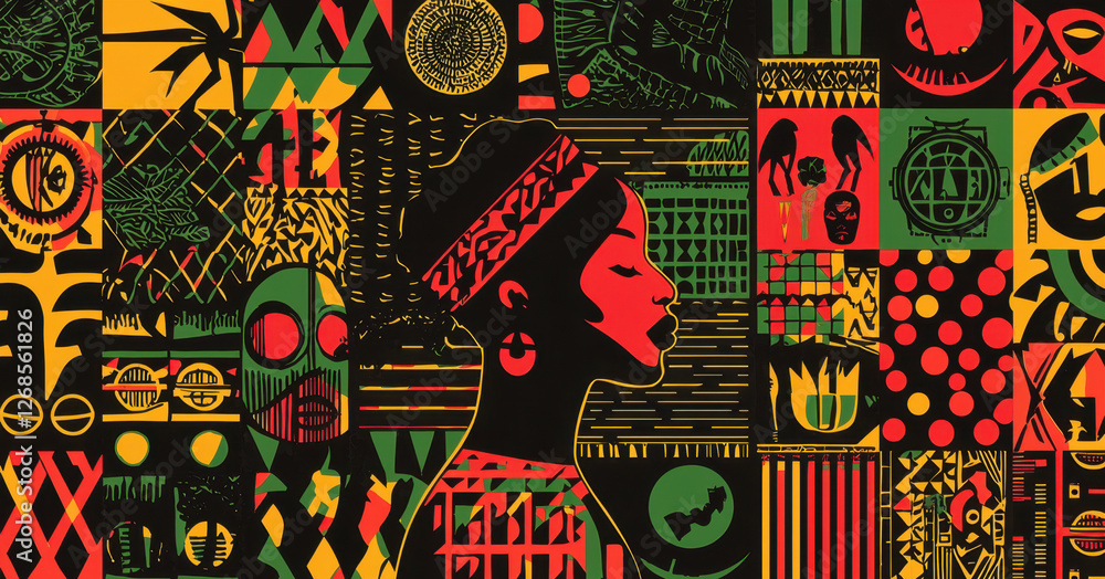 A woman is depicted in profile against a vivid mural filled with diverse geometric and cultural patterns, showcasing a blend of rich colors and strong symbolism A woman is depicted in profile against a vivid mural filled with diverse geometric and cultural patterns, showcasing a blend of rich colors and strong symbolism