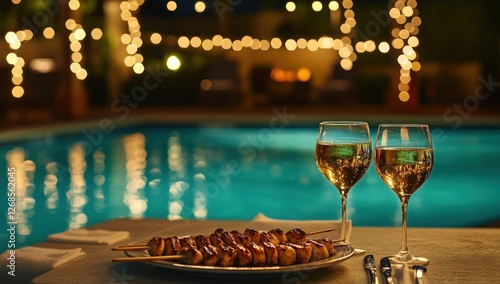 Romantic Night by the Pool: Grilled Skewers and Wine