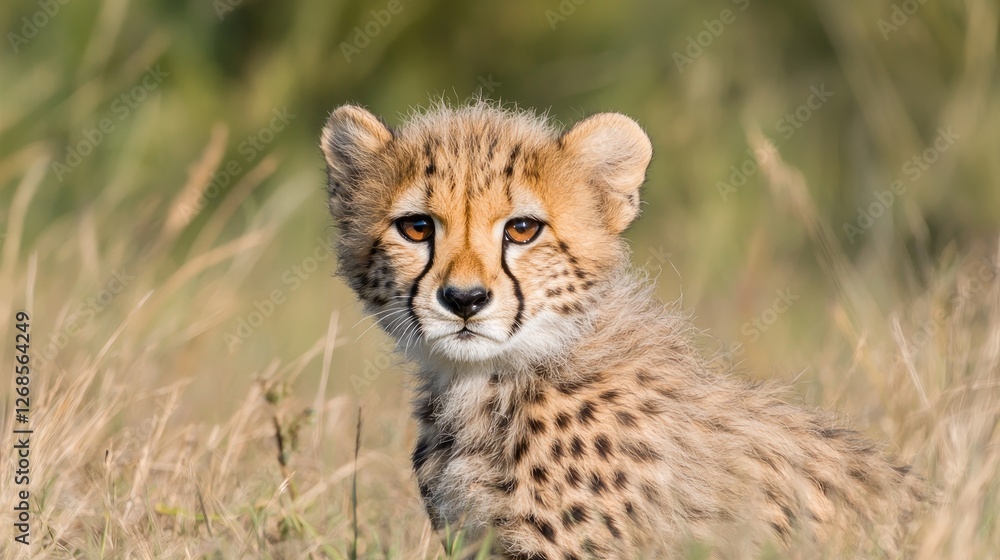 Obraz premium Young cheetah cub sitting attentively in a golden grassy savanna during bright daylight.
