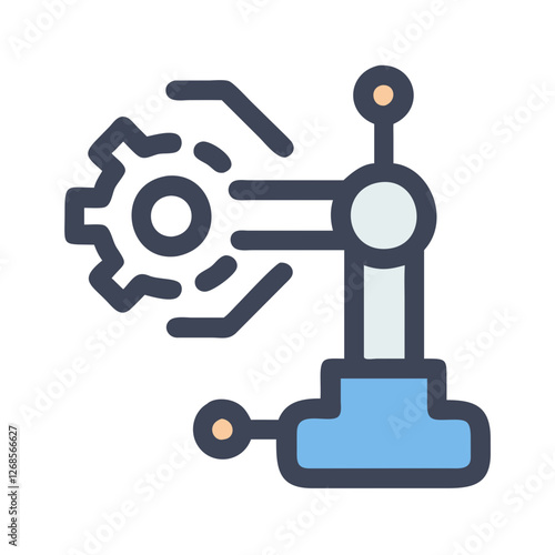 Modern robotic arm with interconnected gears and digital network symbols