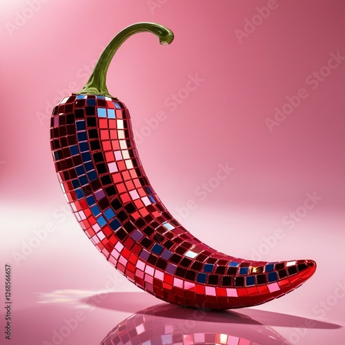 A vibrant, curved red chili pepper covered in small reflective disco ball tiles, creating a shimmering mosaic effect. The surface reflects hues of red, pink, blue, and gold. The chili has a fresh gree