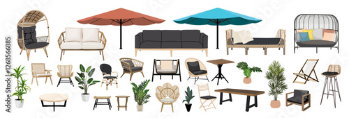 Patio furniture Set. Outdoor, porch zone, garden furniture with potted plants illustrations. Realistic vector cozy garden yard interior elements, rattan armchairs, tables, sofas, umbrellas isolated.