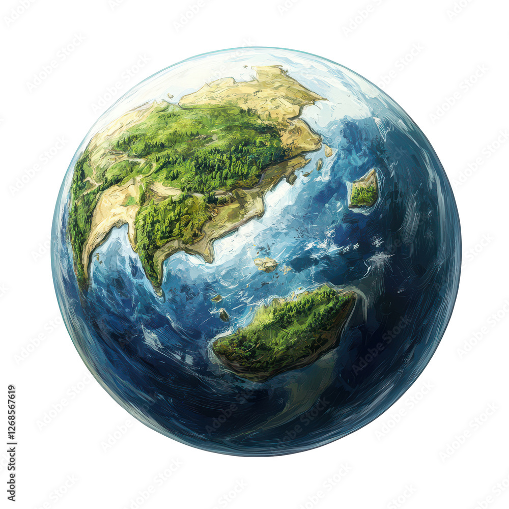 Fototapeta premium Artistic Earth Globe Green Landmasses Blue Ocean Planet isolated on transparent background