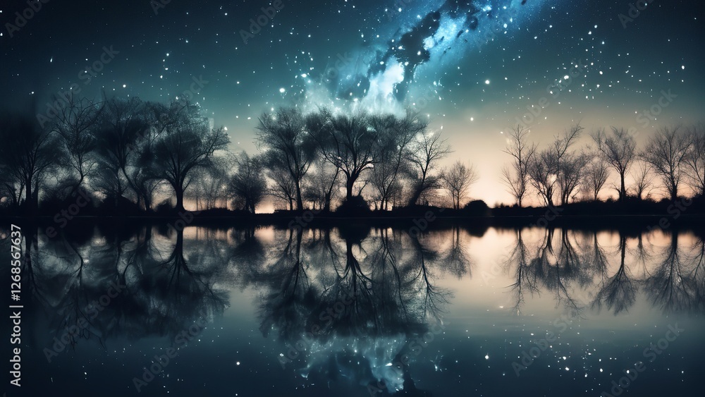 night sky with stars, and stars in the background, reflecting off of water, with trees and bushes at the foreground night sky with stars, and stars in the background, reflecting off of water, with trees and bushes at the foreground