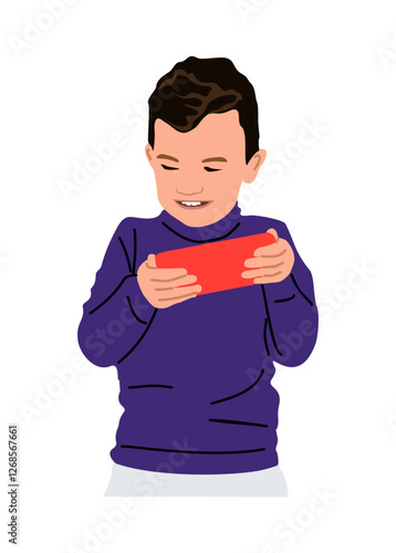 Cute little boy playing video game on smart phone. Phone or internet addiction concept. School or Preschool Child Using Gadget, Kids Remote Education. Vector illustration isolated 