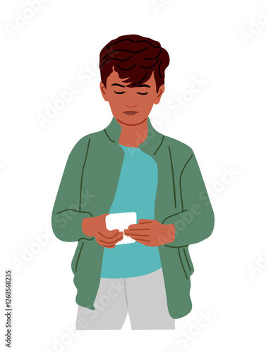 Cute boy playing video game on smart phone. Phone or internet addiction concept. School student Using Gadget, Remote Education. Vector illustration isolated on transparent background.