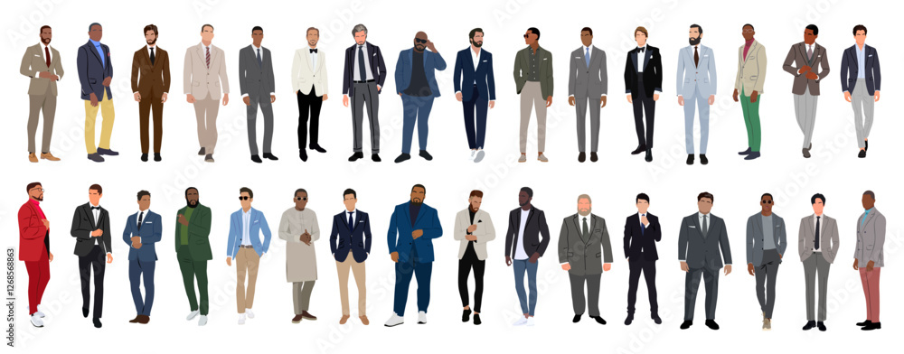 Business men in different poses, walking and standing. Handsome male characters wearing formal suits and smart casual outfit. Multiracial business team. Set of people vector realistic illustrations. Business men in different poses, walking and standing. Handsome male characters wearing formal suits and smart casual outfit. Multiracial business team. Set of people vector realistic illustrations.
