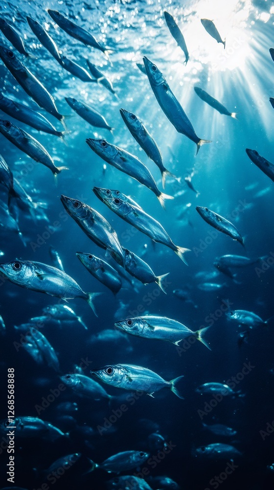 Fototapeta premium School of Fish Swimming in Sunlit Ocean Water