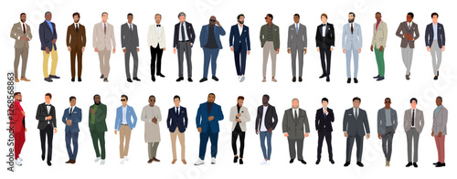Business men in different poses, walking and standing. Handsome male characters wearing formal suits and smart casual outfit. Multiracial business team. Set of people vector realistic illustrations.