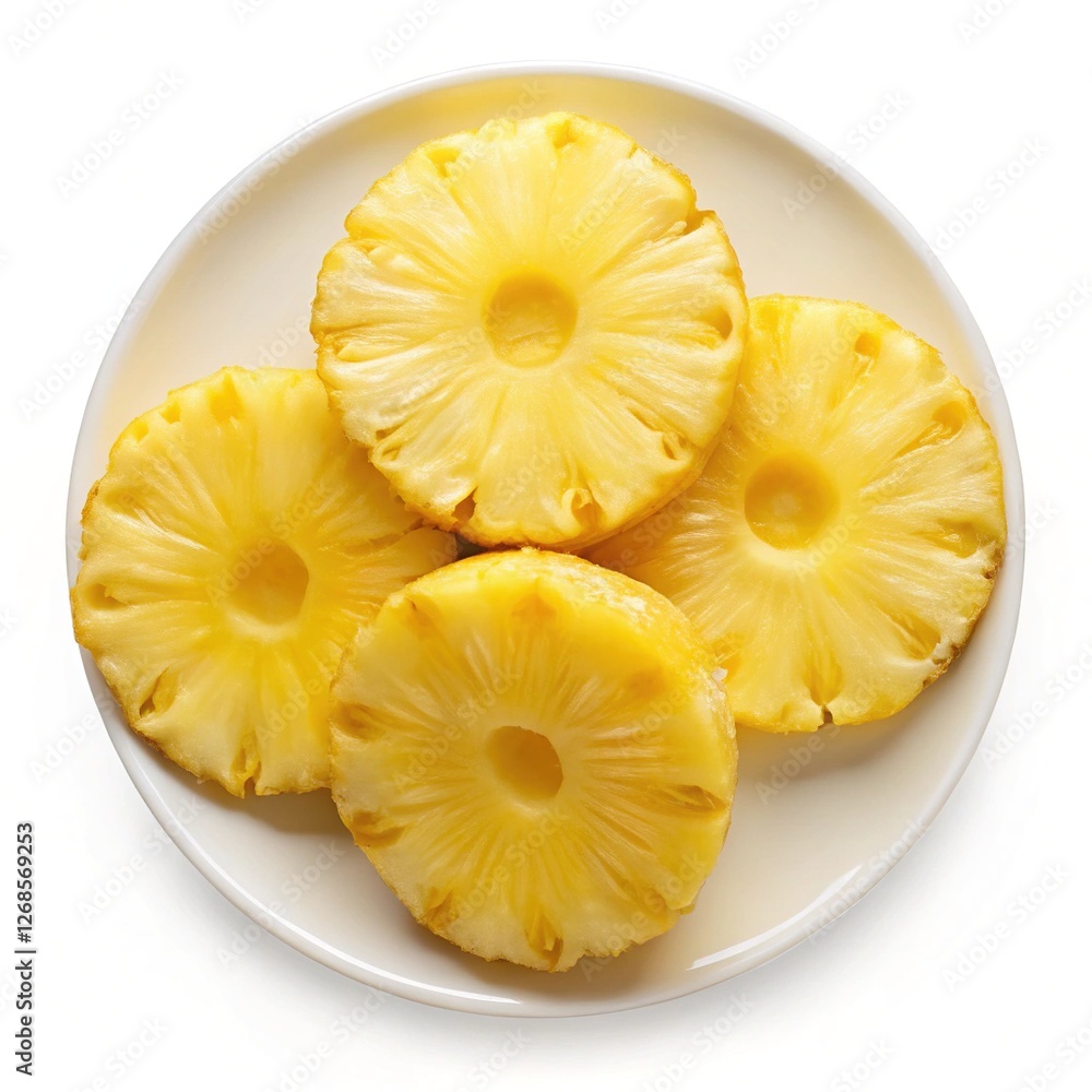 Sliced Pineapple Rings on White Plate - Four fresh pineapple rings neatly arranged on a white plate, showcasing their vibrant yellow color and juicy texture.
Sliced Pineapple Rings on White Plate - Four fresh pineapple rings neatly arranged on a white plate, showcasing their vibrant yellow color and juicy texture.