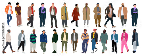 Bundle of Street fashion men vector illustrations. Young men wearing trendy modern street style outfit standing and walking. Cartoon stylish male characters isolated on transparent background.