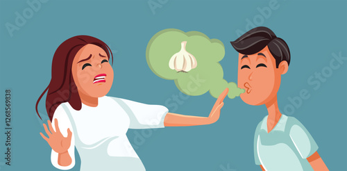 Women Refusing to Kiss Guy Smelling like Garlic Vector Cartoon. Girlfriend distancing from a boyfriend who emits a scent of garlic

