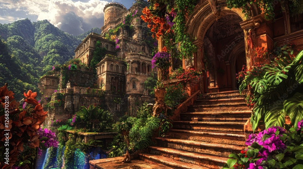 Obraz premium Lush overgrown castle steps, mountain valley backdrop