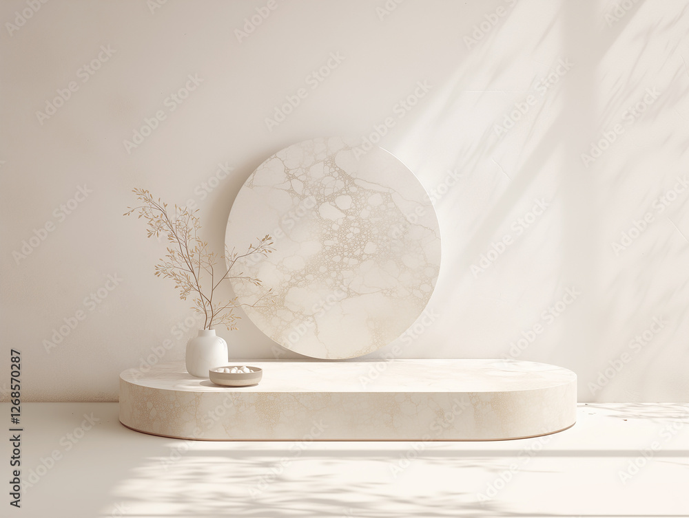 A round marble panel with delicate veins, set on a smooth platform. Enhanced by soft light, a white vase, and golden branches, this minimal design radiates natural elegance. A round marble panel with delicate veins, set on a smooth platform. Enhanced by soft light, a white vase, and golden branches, this minimal design radiates natural elegance.