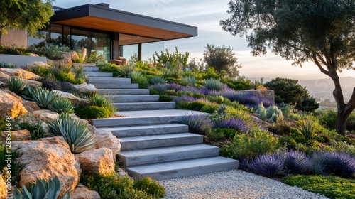 Concrete stairs leading to modern house with drought tolerant landscaping photo