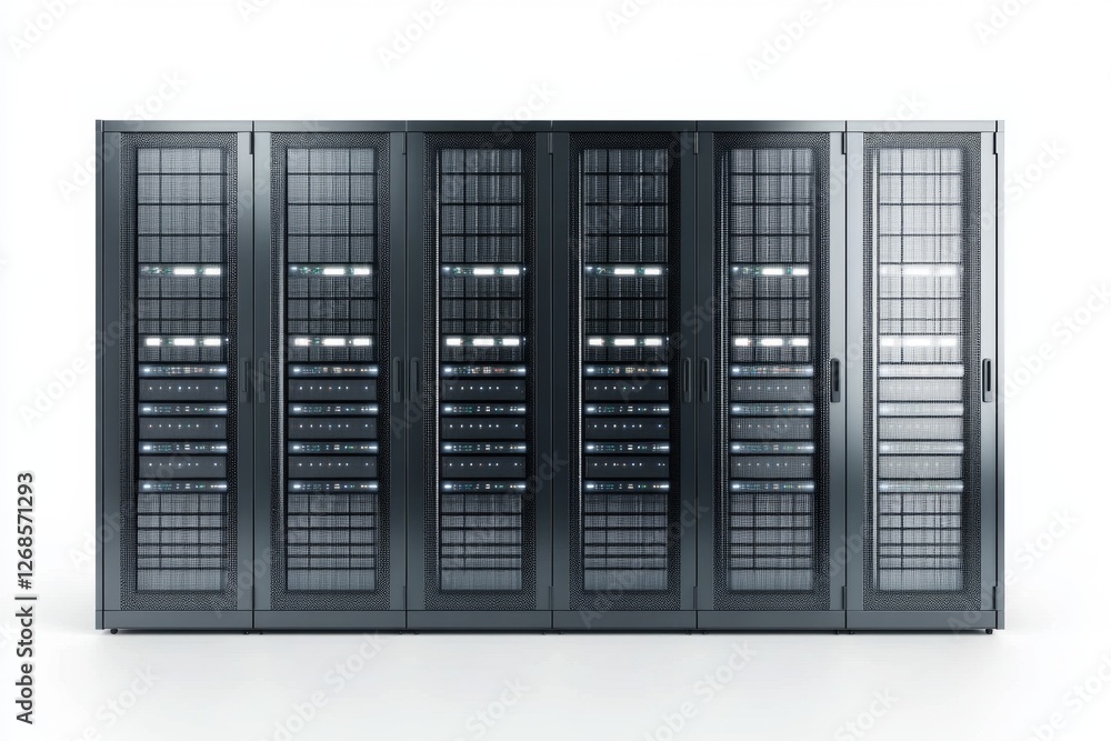 Data center servers rack, storage, technology, digital, white background, networking, computing, infrastructure Data center servers rack, storage, technology, digital, white background, networking, computing, infrastructure