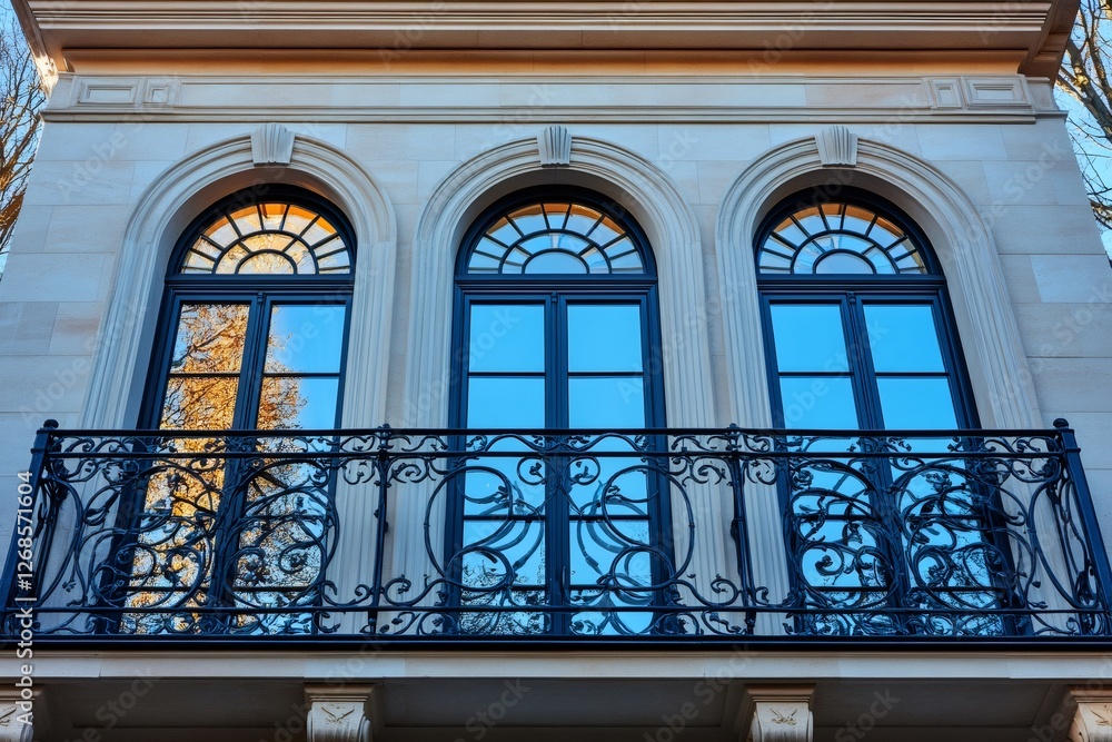 Obraz premium Luxurious balcony with decorative wrought iron railing reflecting in arched windows of elegant house