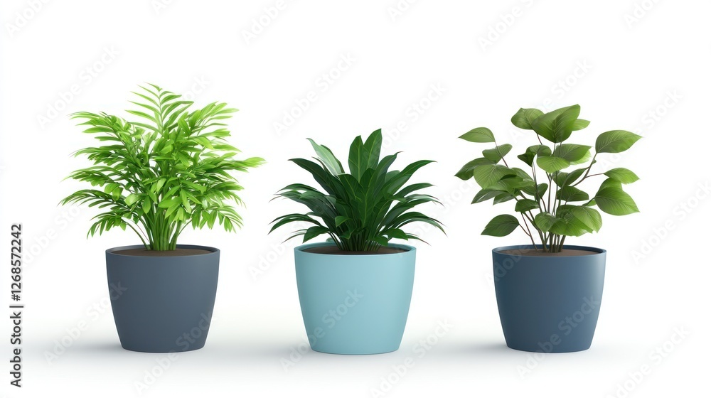 Fototapeta premium Three potted plants with green foliage in blue pots